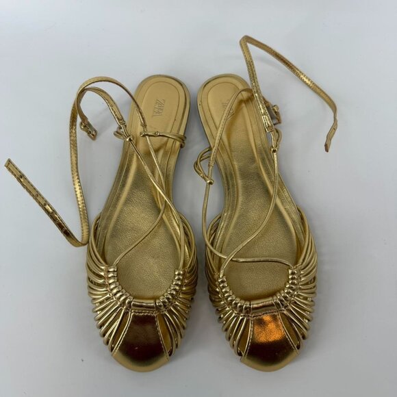 ZARA FISHERMAN-STYLE BEACH SANDALS WITH STRAPS AND METALLIC EFFECT Size 38 US 7. - Picture 2 of 5